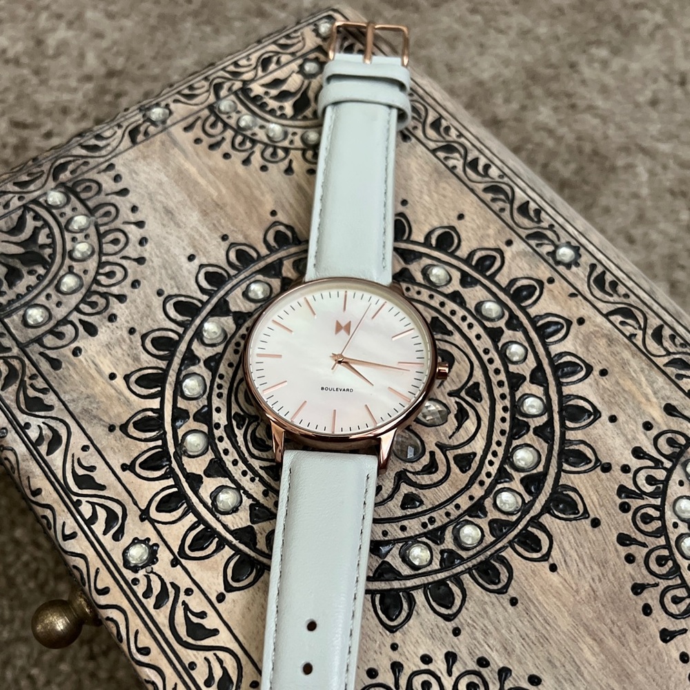 MVMT Boulevard Slim Rose Gold Pearl Dial and Grey Leather Watch